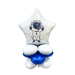 White star-shaped foil balloon featuring a cartoon blue bull mascot wearing a jersey numbered 1, stacked above two white round balloons and one blue round balloon.