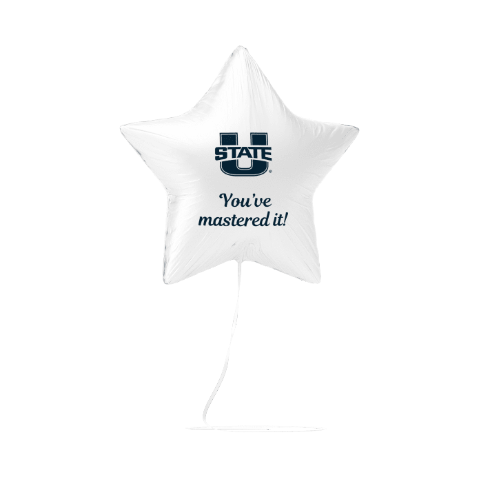 White star-shaped foil balloon with a blue "U STATE" logo and "You've mastered it!" text printed in navy script.