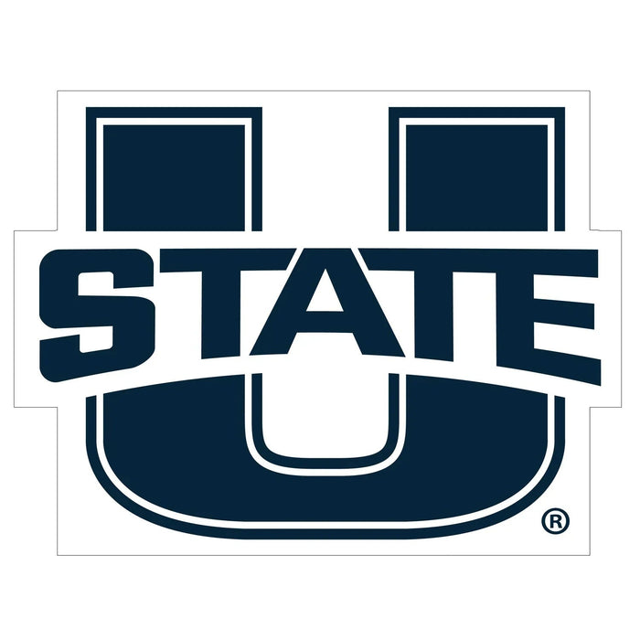 Dark blue Utah State University yard sign with white "STATE" text and a stylized "U" logo, featuring two window cutouts at the top.