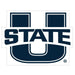 Dark blue Utah State University yard sign with white "STATE" text and a stylized "U" logo, featuring two window cutouts at the top.