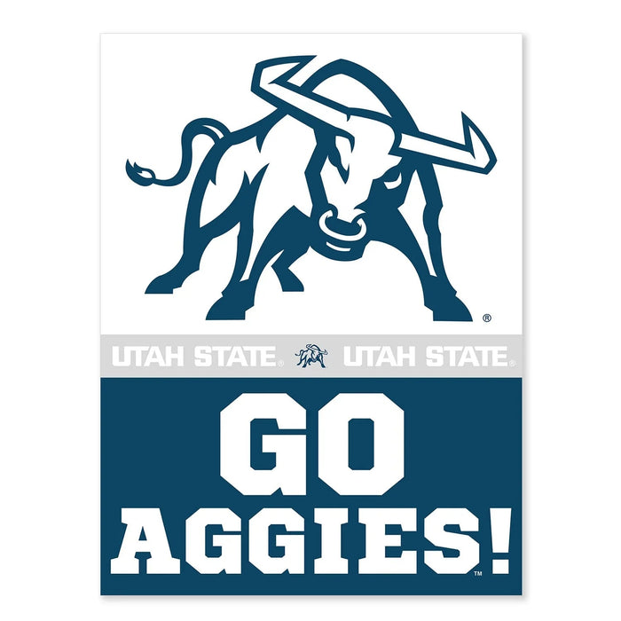 Utah State University door banner featuring a dark blue Aggie mascot bull at the top with "Utah State" text and "Go Aggies!" slogan on a dark blue background.