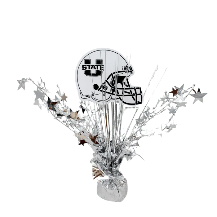 White football helmet with "STATE" logo mounted on a silver metallic spray base with star and streamer decorations extending upward.