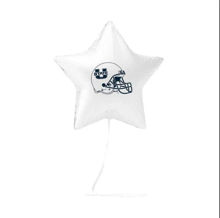 White star-shaped mylar balloon featuring a navy blue football helmet with "STATE" text on it.