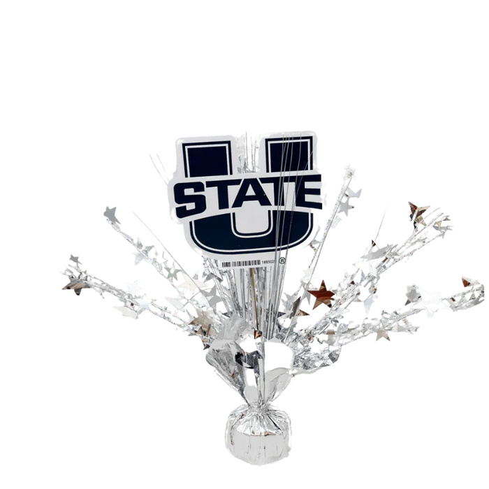 Navy and white Utah State University logo centerpiece with silver and burgundy star sprays extending upward from a clear base.