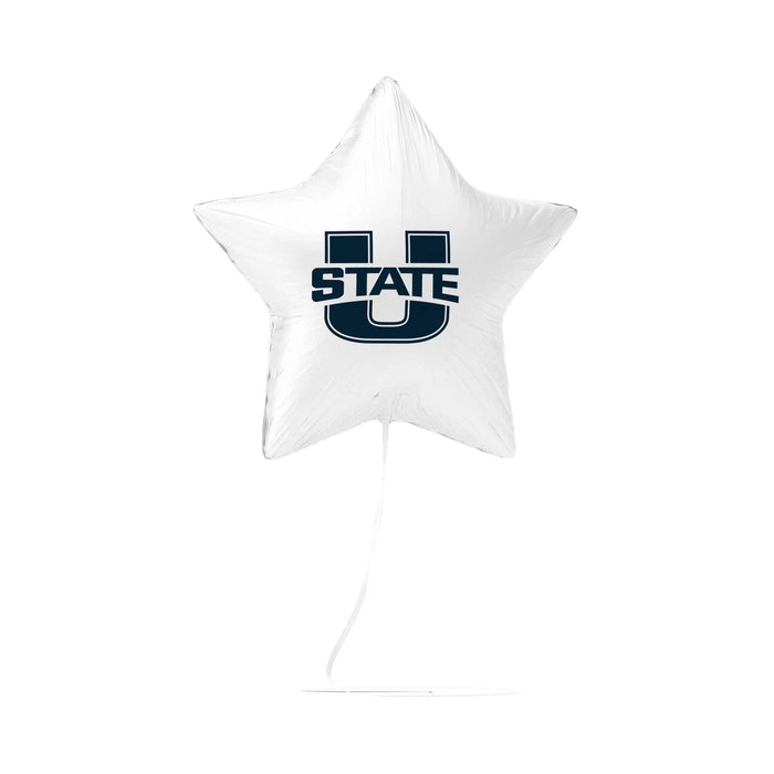White star-shaped mylar balloon with a dark blue "U STATE" logo and attached string.