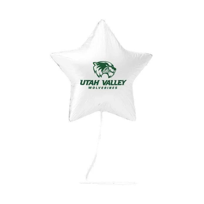 White star-shaped mylar balloon with green Utah Valley Wolverines logo and text printed on the front.