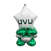 White star-shaped balloon with "UVU" text centered above a cluster of four green and silver metallic round balloons arranged in a decorative bouquet formation.