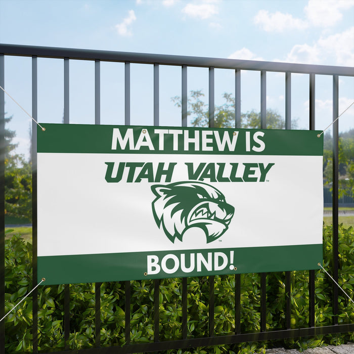 Banner with 'Matthew is Utah Valley Bound!' text and school logo on a green background.