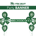 Utah Valley University party banner featuring green balloons, wolverine mascot logos, and "GO WOLVERINES" text on white pennant flags.