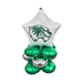 White star-shaped foil balloon with green wolverine head logo atop a cluster of green and silver metallic heart-shaped balloons arranged as a decorative balloon bouquet.