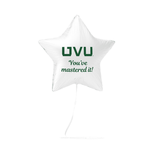 White star-shaped foil balloon with green UVU logo and "You've mastered it" text printed on the front, attached to a clear string.