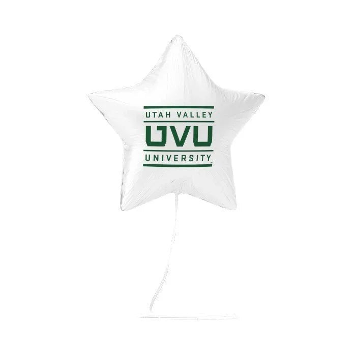 White star-shaped mylar balloon with Utah Valley University UVU logo in green text printed on the center.