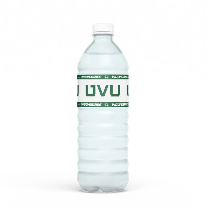 Clear plastic water bottle with white cap and green "UVU" text centered on a green and white "Wolverines" branded label wrap around the middle.