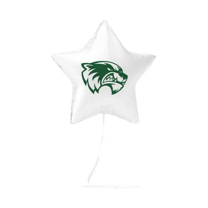 White star-shaped foil balloon with a green wolverine logo in the center and a white string attached at the bottom.