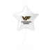 White star-shaped foil balloon with gold VF logo and "CONGRATS NAME!" text printed in brown, shown with string attachment.