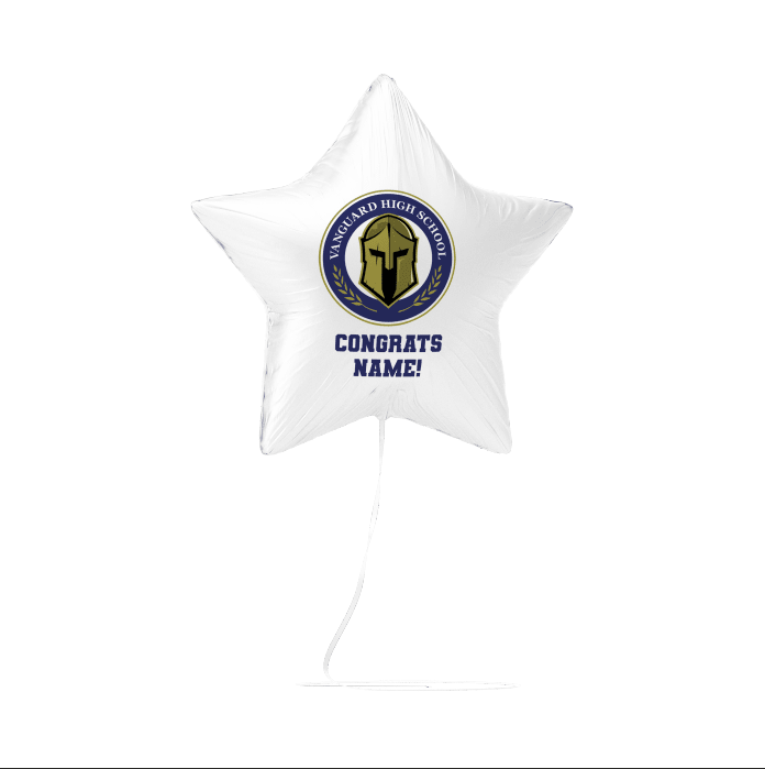 White star-shaped mylar balloon featuring a gold and navy Spartan helmet logo with "Vanguard High School" text around the circle and "Congrats Name!" printed below.