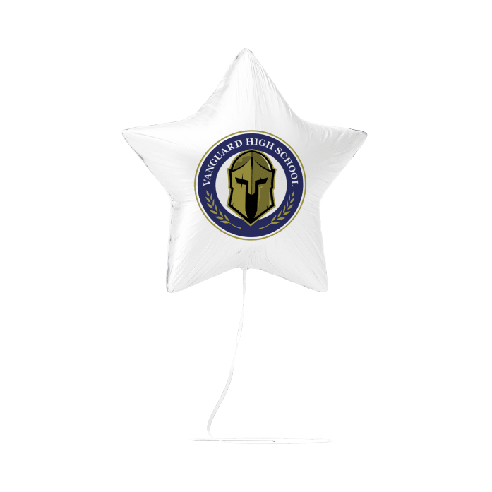 White star-shaped foil balloon featuring a blue and gold circular school crest with a gold helmet and text reading "Vanguard High School.