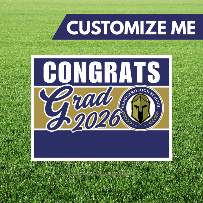 Graduation-themed customizable sign with 'Congrats Grad 2026' text on a grass background