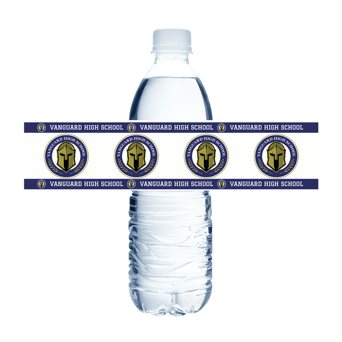Clear plastic water bottle with navy and gold Vanguard High School logo and text bands wrapping around the middle section.