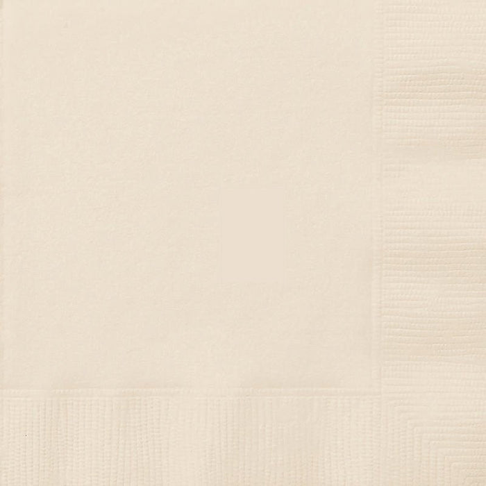 Stack of 100 vanilla cream colored beverage napkins with a ribbed texture visible on the edges.