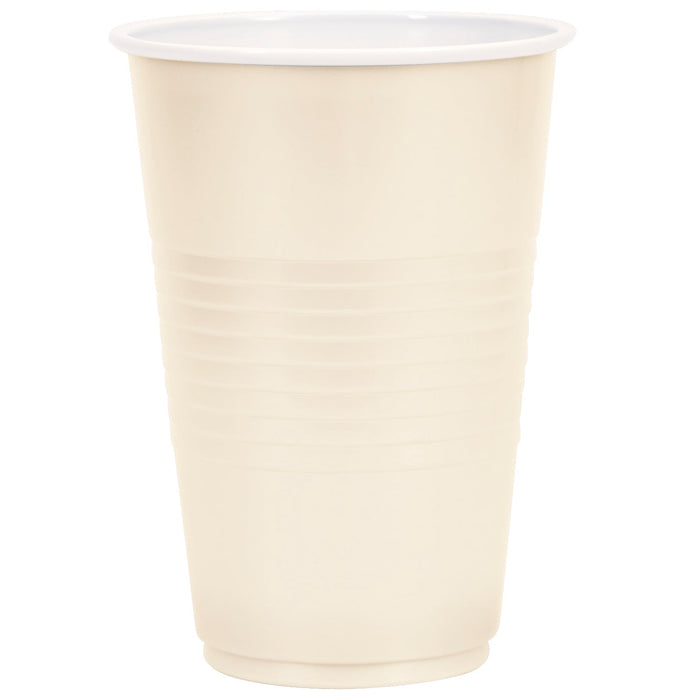 Cream-colored disposable cup with white rim, 16 ounces, shown from the front against a white background.