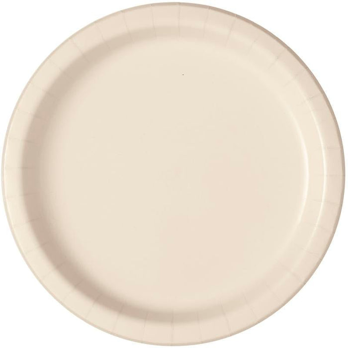 Round cream-colored paper plate with a ridged rim and shallow well, shown from above against a white background.