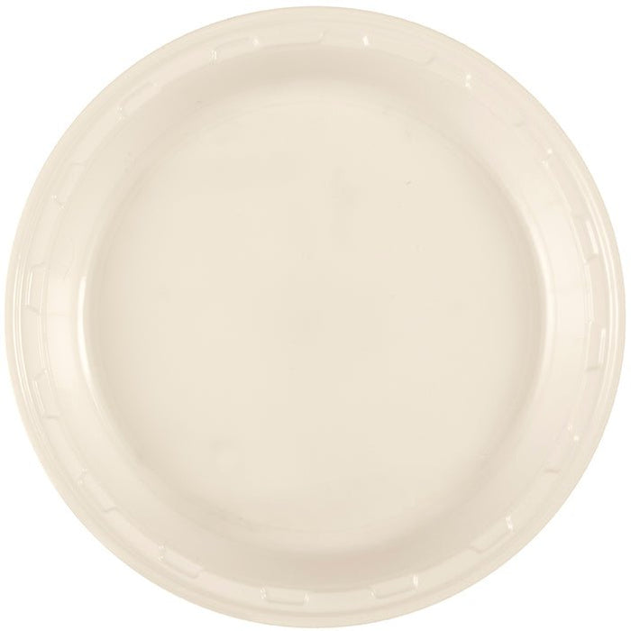 Cream-colored plastic dinner plate with a ridged rim, shown from above on a white background.