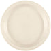 Cream-colored plastic dinner plate with a ridged rim, shown from above on a white background.