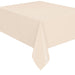 Vanilla cream colored plastic tablecover with draped corners shown on a table surface.