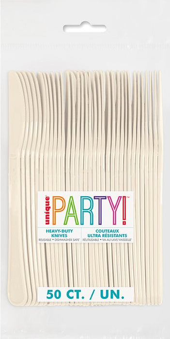 A package of 50 vanilla cream plastic knives with colorful "PARTY!" branding displayed in a fanned arrangement showing the ridged handles and blade edges.