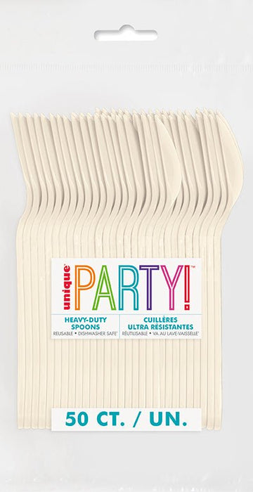 Package of 50 heavy-duty vanilla cream plastic spoons with colorful "PARTY!" branding and hanging tab on white background.