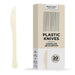 Cream-colored heavy duty plastic knife displayed next to its tan packaging box labeled "Plastic Knives" with a "20 pack" circle, shown against a white background.