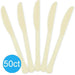 Five cream-colored plastic knives with rounded tips arranged in a fan pattern, with a blue circle badge in the lower left corner displaying "50ct".