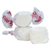 Three white vanilla salt water taffy candies with red printed wrappers, plus two unwrapped pieces showing the pale cream-colored candy interior.