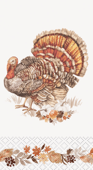 Illustrated turkey with brown, orange, and cream plumage displayed in profile with decorative autumn leaf border design on cream background.