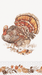 Illustrated turkey with brown, orange, and cream plumage displayed in profile with decorative autumn leaf border design on cream background.