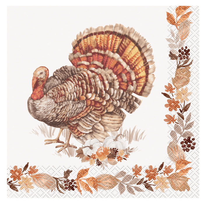 Decorative paper napkin featuring a detailed watercolor illustration of a turkey with rust, gold, and cream plumage, surrounded by autumn leaves and berries in warm earth tones.