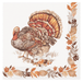 Decorative paper napkin featuring a detailed watercolor illustration of a turkey with rust, gold, and cream plumage, surrounded by autumn leaves and berries in warm earth tones.