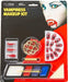 Backstage Vampiress Makeup Kit featuring fangs, nail appliques, red and black face paints, eyeshadow palette, and applicator brushes on red and black packaging.