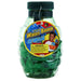 Clear plastic bottle-shaped container filled with green water balloons, featuring a colorful yellow, red and blue label with product branding and a warning label, sealed with a black twist-top cap.