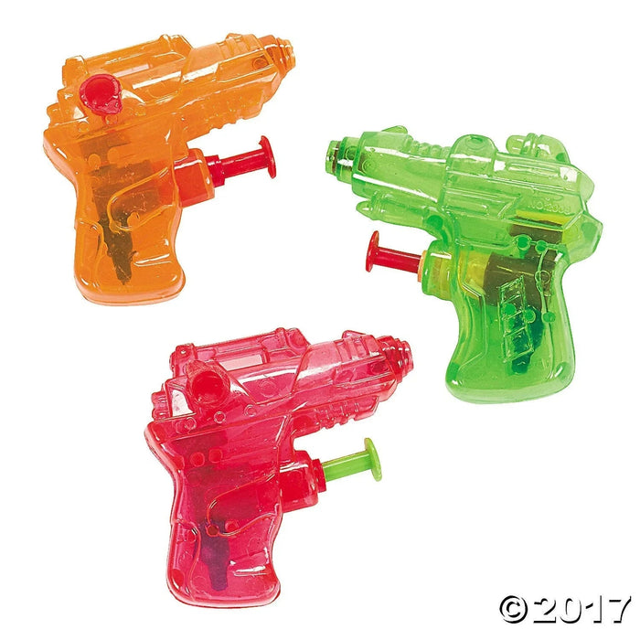 Three translucent water guns in orange, red, and green with red trigger pumps arranged on a white background.