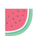 Illustration of a watermelon slice with pink flesh, dark seeds, and a curved green rind on a white background.