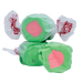 Three green and pink salt water taffy candies with white wrapper ends featuring red text, arranged in a pile to resemble watermelons.