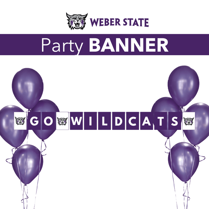 Purple and white pennant banner featuring "GO WILDCATS" text with wildcat head logos, decorated with purple balloons on either side.
