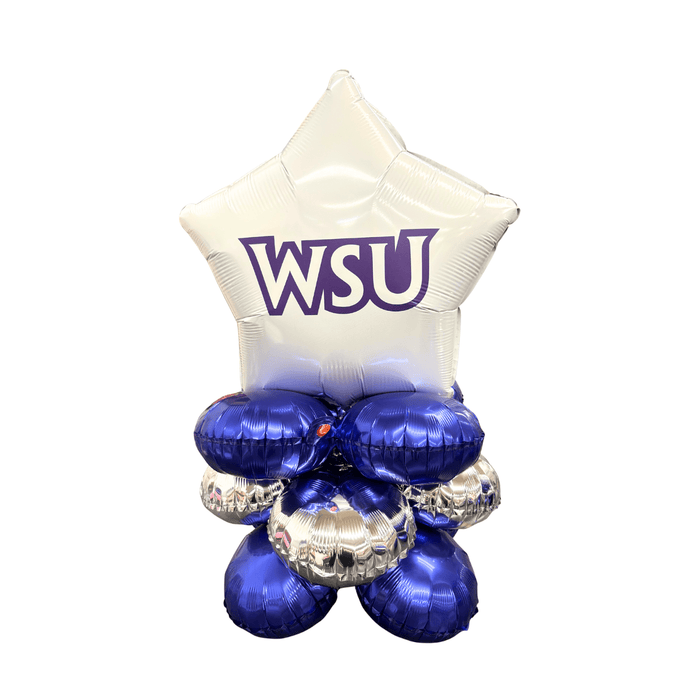 White star-shaped foil balloon with purple WSU text at top, positioned above four blue and silver metallic round balloons arranged in a cluster.