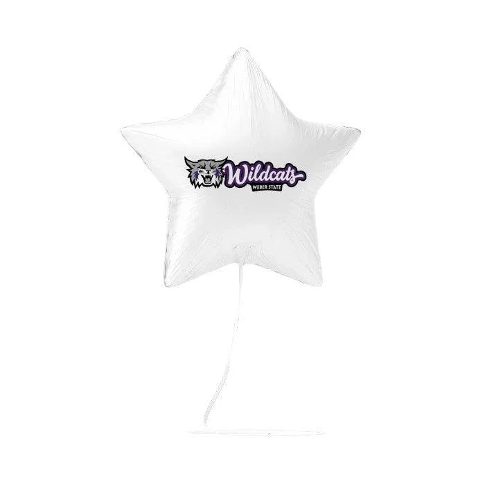 White star-shaped mylar balloon with Wildcats logo and Weber State text printed in purple and black.