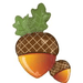 Two oversized acorns with brown crosshatch caps and shiny golden-orange bodies, with green oak leaves sprouting from the top of the larger acorn.