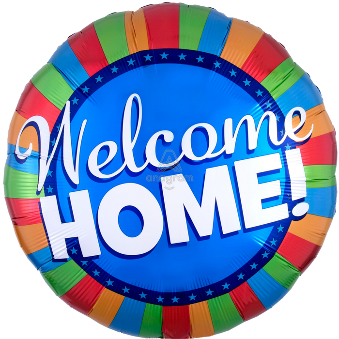 Round blue mylar balloon with "Welcome Home!" in white text, surrounded by a colorful striped border in red, green, orange, and blue with a navy band of stars.