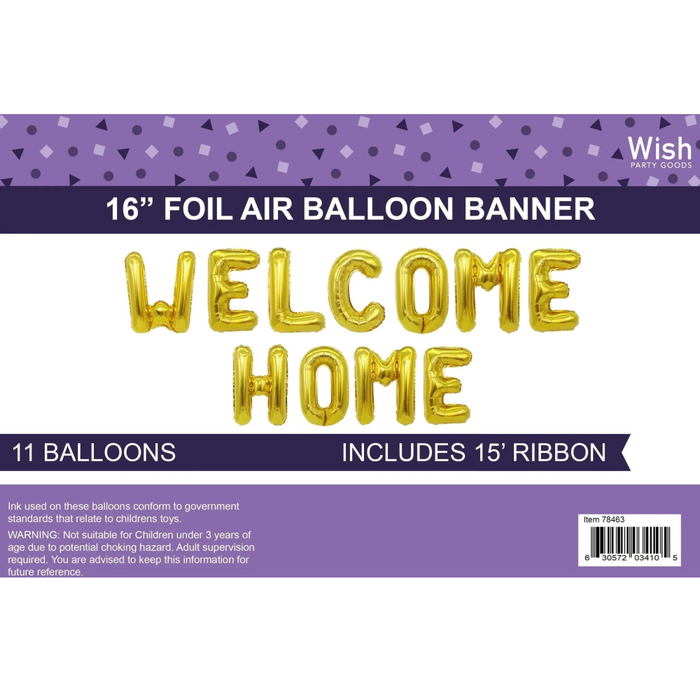 Foil air balloon banner with 'Welcome Home' text on a purple background