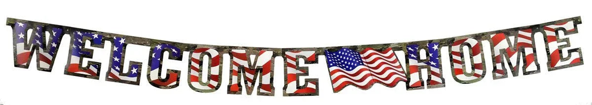Patriotic banner with "Welcome Home" text in white letters filled with American flag design, featuring red and blue stripes and stars, displayed in a curved garland format.